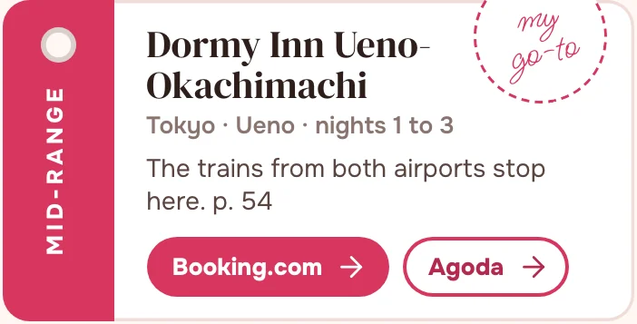 A hotel tag from the guide: Dormy Inn Ueno-Okachimachi, mid-range, my go-to