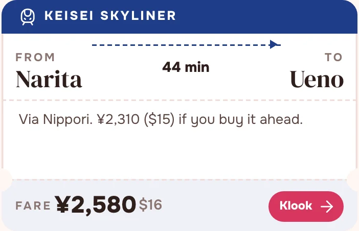 A train ticket from the guide: the Skyliner from Narita to Ueno, ¥2,580