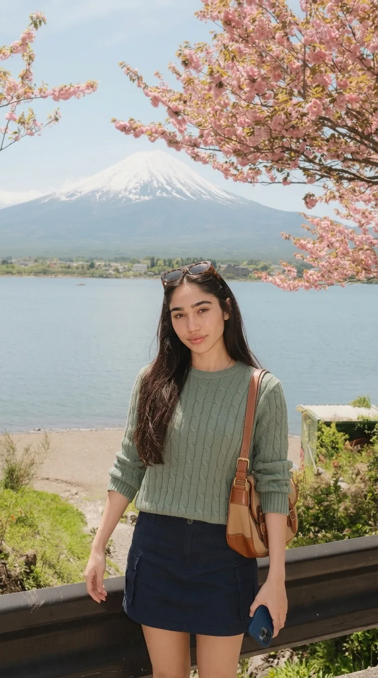 Kylie at Lake Kawaguchiko, Mount Fuji behind her
