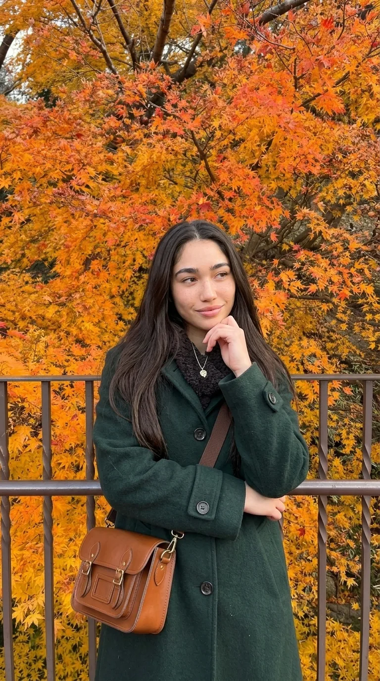 Kylie under red and orange maple leaves in autumn